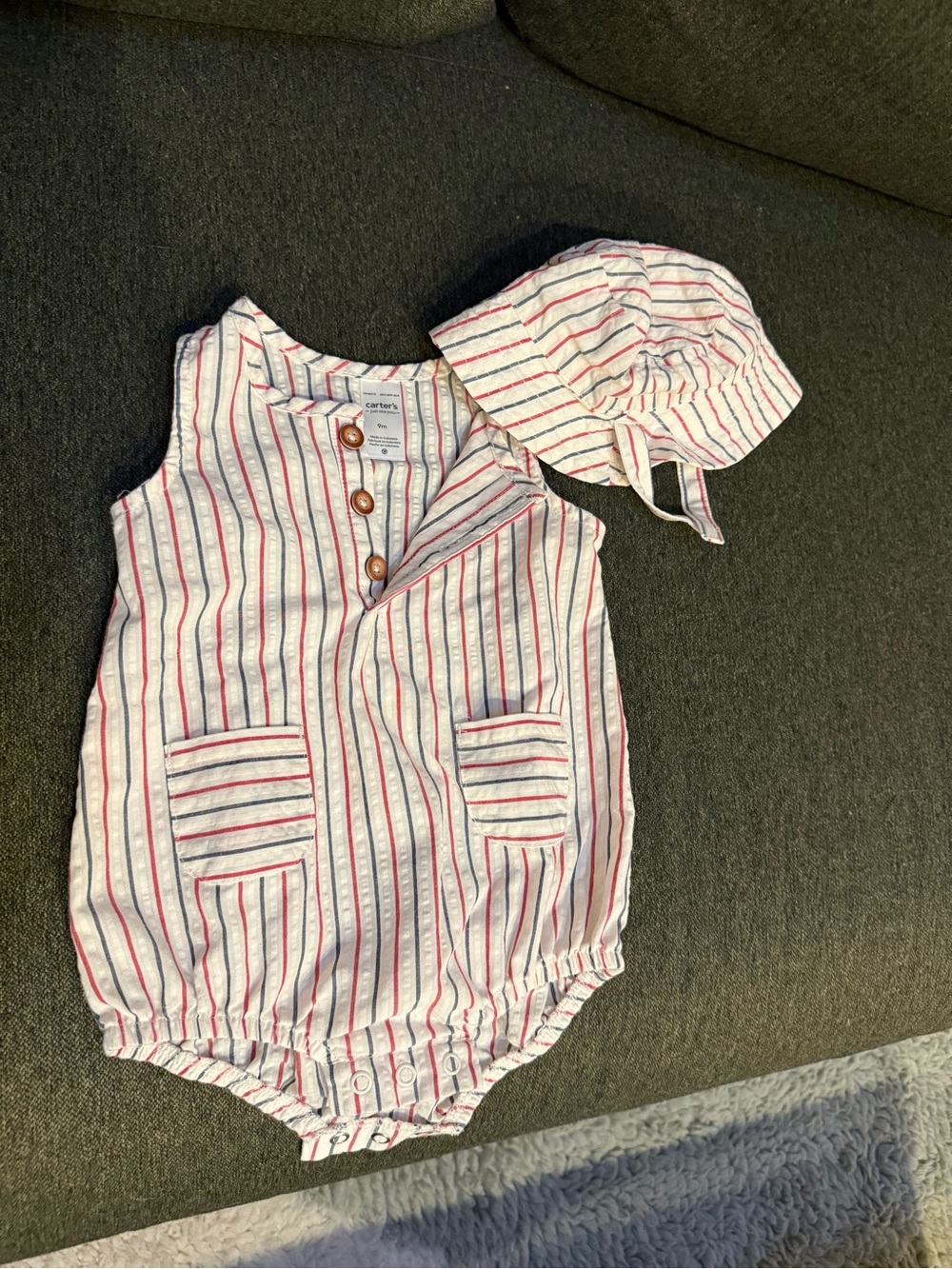 Carter's White Romper and Matching Striped Hat - Red & Blue
